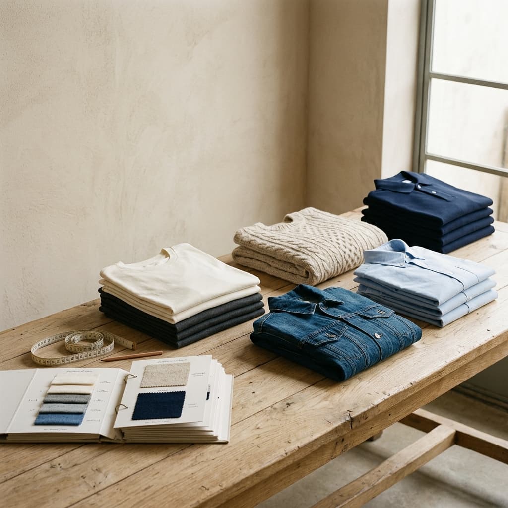 Folded knit t-shirts, a denim jacket, a cable-knit sweater and woven shirts on a worktable beside a fabric swatch book